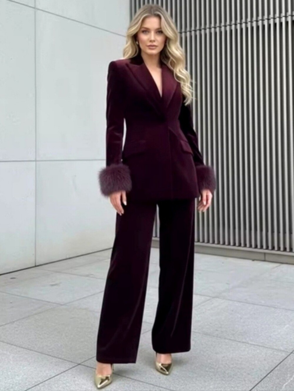 Zara Set 2 Pc Velvet Blazer With Faux Fur Cuffs and Wide Pants Size M